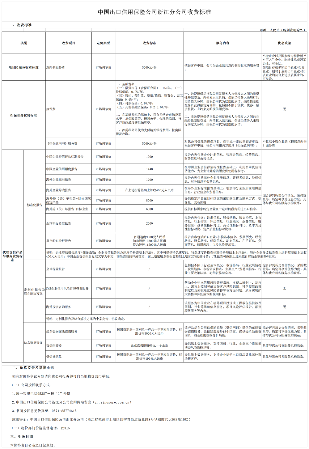 中国出口信用保险公司浙江分公司收费标准
