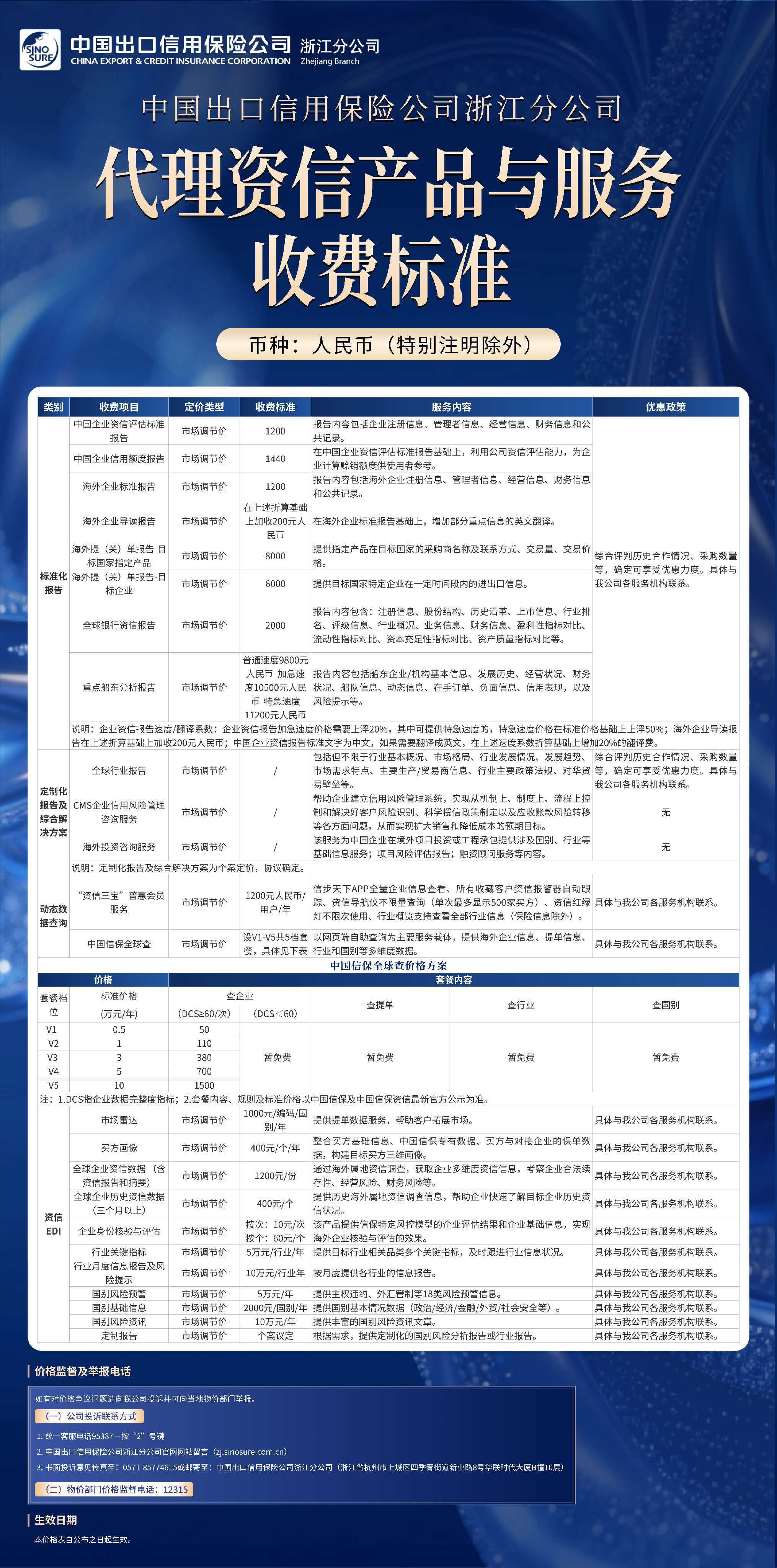 中国出口信用保险公司浙江分公司代理资信产品与服务收费标准